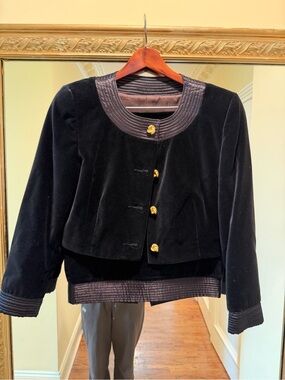 Vintage Black Velvet Cropped Jacket with Gold Buttons and Matching Mini Skirt
